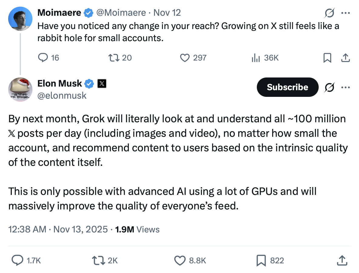 Elon Musk tweet about content relevance